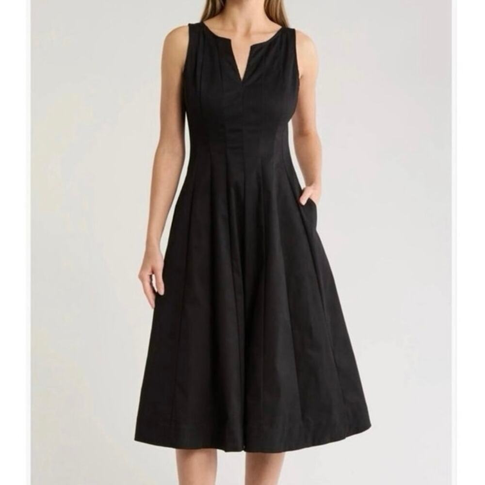 Ellen Tracy Stretch Cotton Fit & Flare black midi Dress Size 2